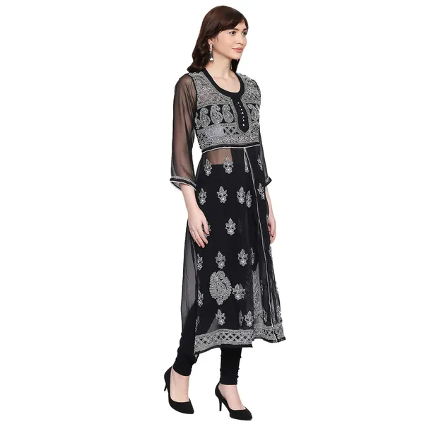 Charismatic_Black_Lucknow_Chikankari_Georgette_Kurta_Chikan_Hand_Embroidered_Needlecraft_Long_Kurtis