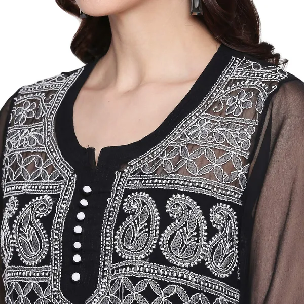 Charismatic_Black_Lucknow_Chikankari_Georgette_Kurta_Chikan_Hand_Embroidered_Needlecraft_Long_Kurtis