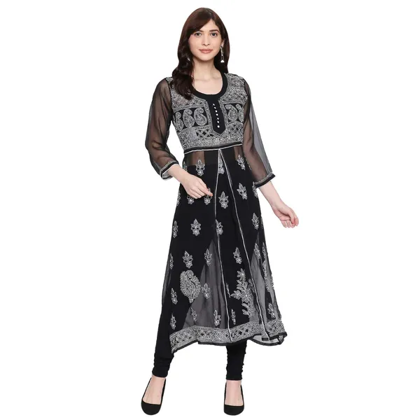 Charismatic_Black_Lucknow_Chikankari_Georgette_Kurta_Chikan_Hand_Embroidered_Needlecraft_Long_Kurtis