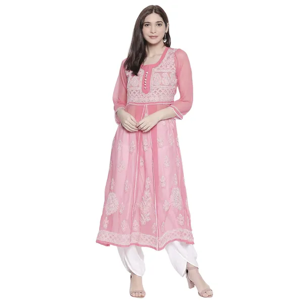 Hot_Pink_Lucknow_Chikankari_Georgette_Kurta_Chikan_Hand_Embroidered_Needlecraft_Long_Kurtis