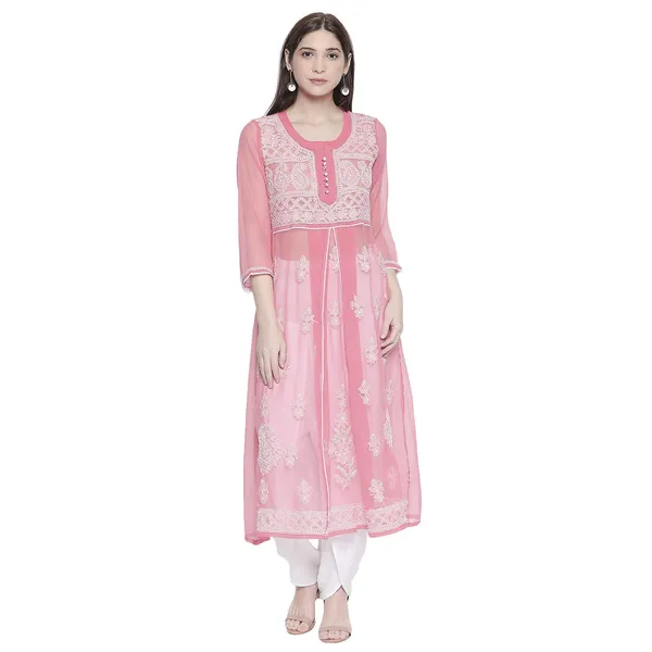 Hot_Pink_Lucknow_Chikankari_Georgette_Kurta_Chikan_Hand_Embroidered_Needlecraft_Long_Kurtis