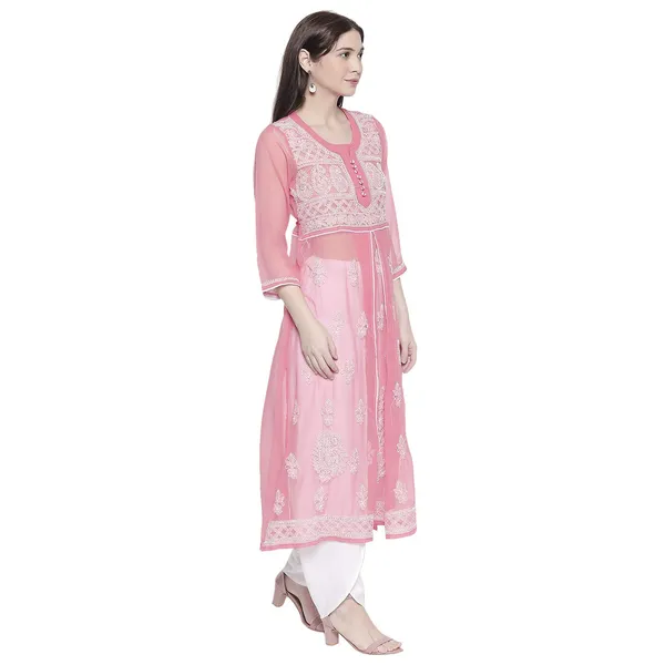 Hot_Pink_Lucknow_Chikankari_Georgette_Kurta_Chikan_Hand_Embroidered_Needlecraft_Long_Kurtis