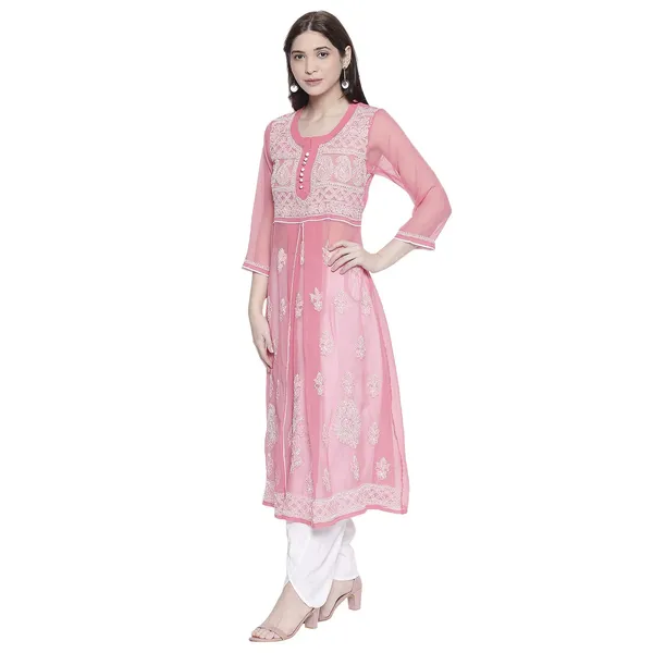Hot_Pink_Lucknow_Chikankari_Georgette_Kurta_Chikan_Hand_Embroidered_Needlecraft_Long_Kurtis
