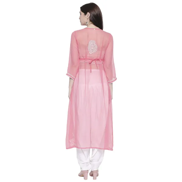 Hot_Pink_Lucknow_Chikankari_Georgette_Kurta_Chikan_Hand_Embroidered_Needlecraft_Long_Kurtis