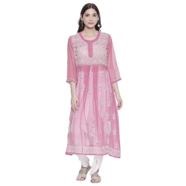 Rose_Pink_Lucknow_Chikankari_Georgette_Kurta_Chikan_Hand_Embroidered_Needlecraft_Long_Kurtis