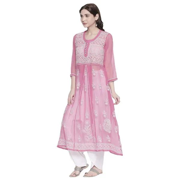 Rose_Pink_Lucknow_Chikankari_Georgette_Kurta_Chikan_Hand_Embroidered_Needlecraft_Long_Kurtis