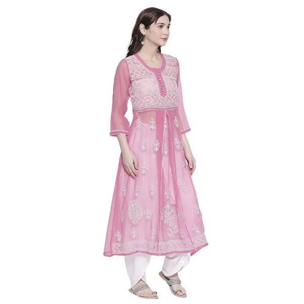 Rose_Pink_Lucknow_Chikankari_Georgette_Kurta_Chikan_Hand_Embroidered_Needlecraft_Long_Kurtis