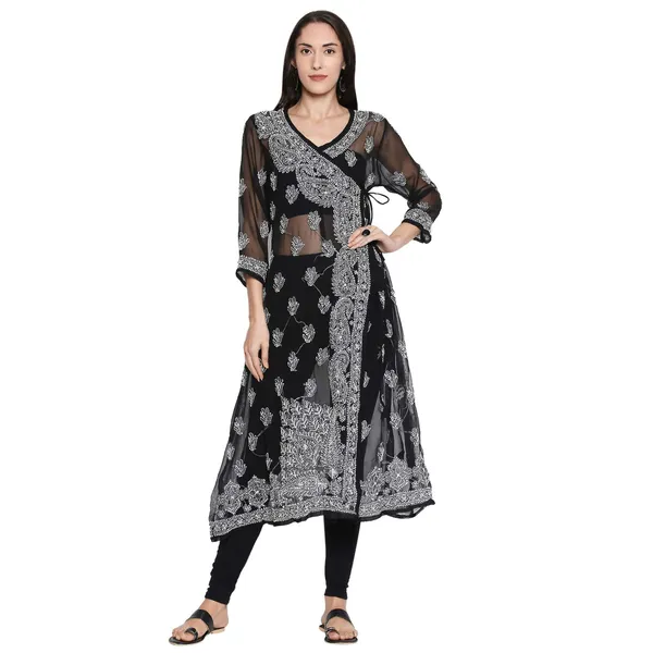 Charismatic_Black_Lucknow_Chikankari_Hand_Embroidered_Angrakha_Long_Kurti_Georgette