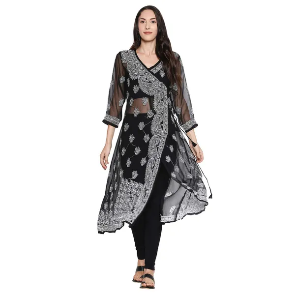 Charismatic_Black_Lucknow_Chikankari_Hand_Embroidered_Angrakha_Long_Kurti_Georgette