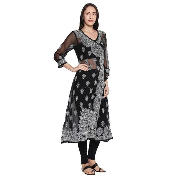 Charismatic_Black_Lucknow_Chikankari_Hand_Embroidered_Angrakha_Long_Kurti_Georgette