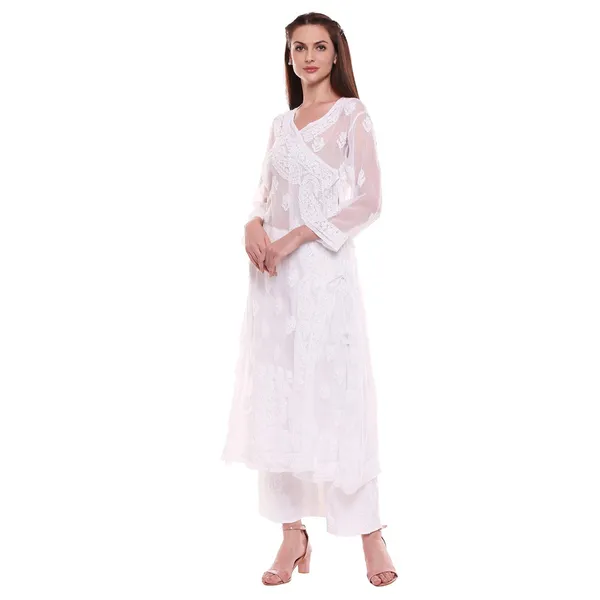 Pristine_White_Lucknow_Chikankari_Hand_Embroidered_Angrakha_Long_Kurti_Georgette