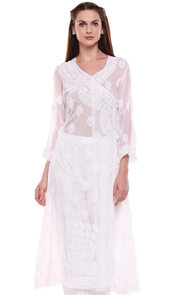 Pristine_White_Lucknow_Chikankari_Hand_Embroidered_Angrakha_Long_Kurti_Georgette