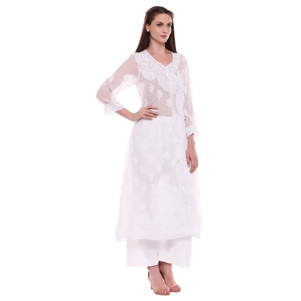 Pristine_White_Lucknow_Chikankari_Hand_Embroidered_Angrakha_Long_Kurti_Georgette