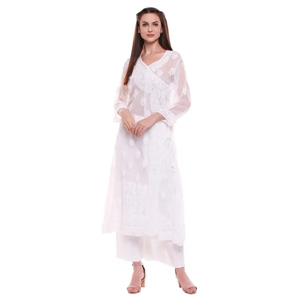 Pristine_White_Lucknow_Chikankari_Hand_Embroidered_Angrakha_Long_Kurti_Georgette