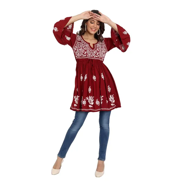 Maroon_Lucknow_Chikankari_Hand_Embroidered_Fit_And_Flared_Top_Short_Kurti_Cotton