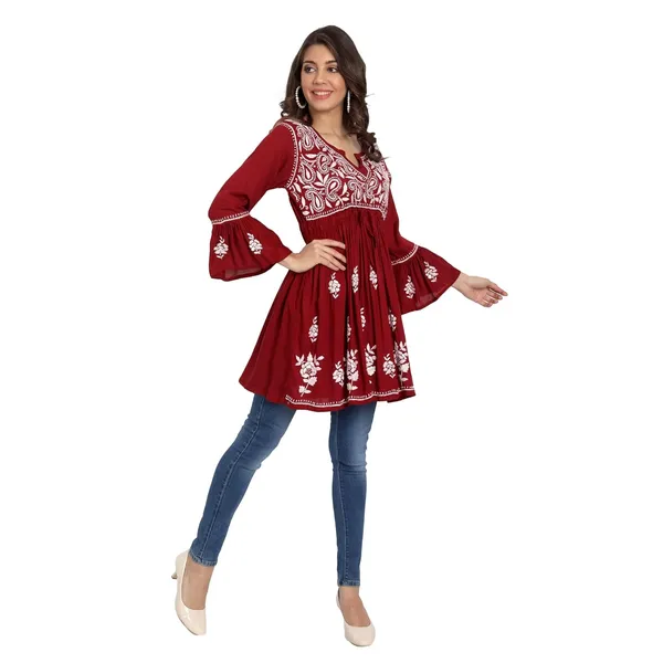 Maroon_Lucknow_Chikankari_Hand_Embroidered_Fit_And_Flared_Top_Short_Kurti_Cotton