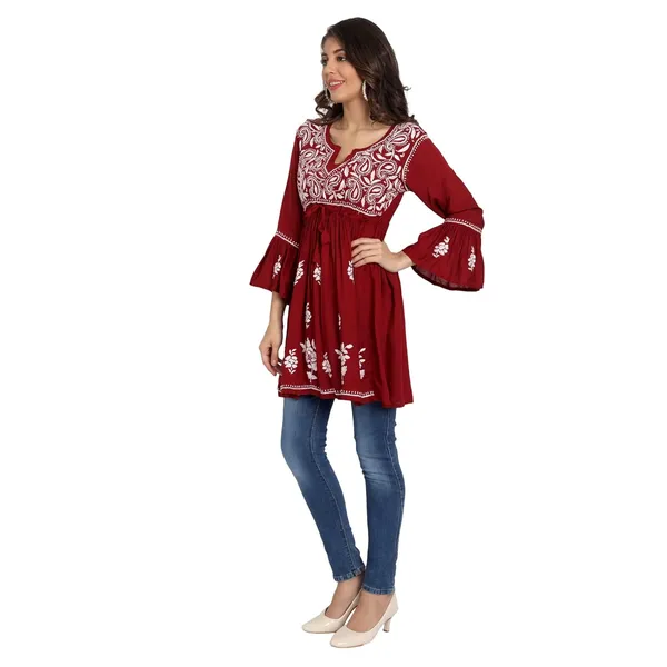 Maroon_Lucknow_Chikankari_Hand_Embroidered_Fit_And_Flared_Top_Short_Kurti_Cotton