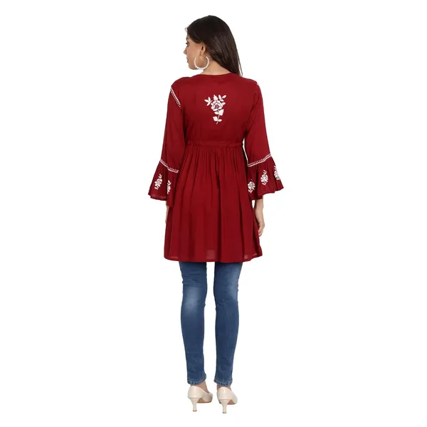 Maroon_Lucknow_Chikankari_Hand_Embroidered_Fit_And_Flared_Top_Short_Kurti_Cotton