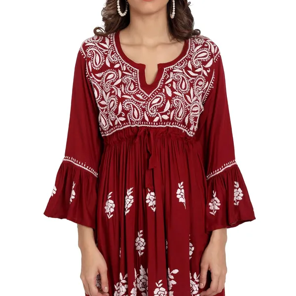 Maroon_Lucknow_Chikankari_Hand_Embroidered_Fit_And_Flared_Top_Short_Kurti_Cotton