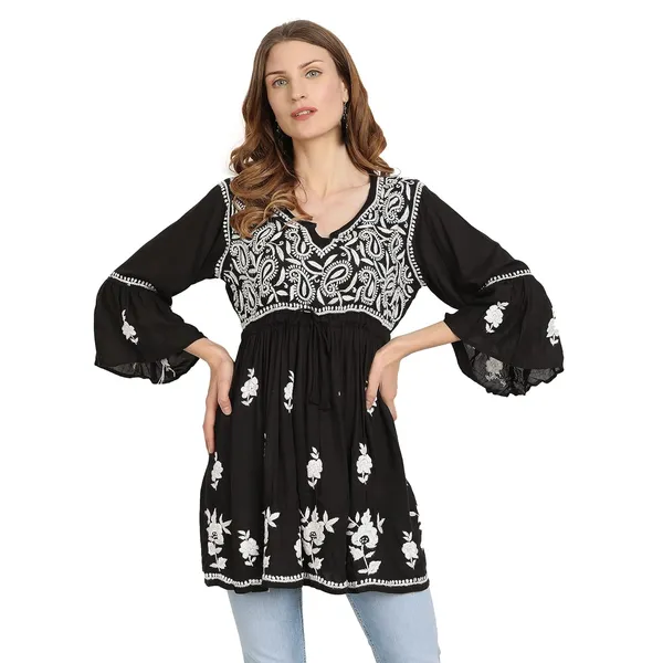 Charismatic_Black_Lucknow_Chikankari_Hand_Embroidered_Fit_And_Flared_Top_Short_Kurti_Cotton