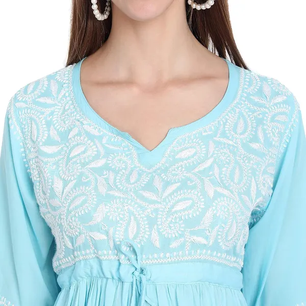Sky_Blue_Lucknow_Chikankari_Hand_Embroidered_Fit_And_Flared_Top_Short_Kurti_Cotton