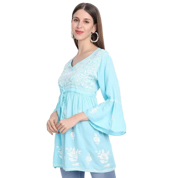 Sky_Blue_Lucknow_Chikankari_Hand_Embroidered_Fit_And_Flared_Top_Short_Kurti_Cotton