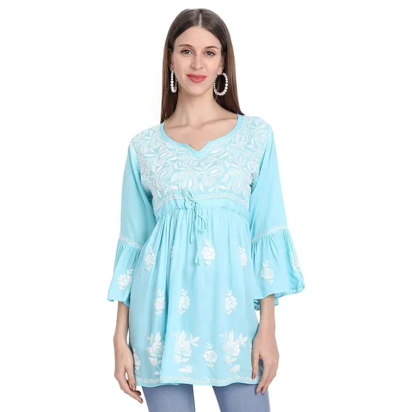Sky_Blue_Lucknow_Chikankari_Hand_Embroidered_Fit_And_Flared_Top_Short_Kurti_Cotton