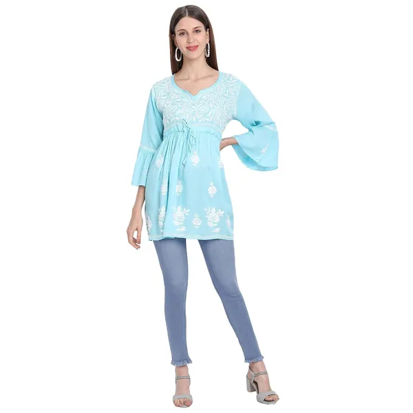 Sky_Blue_Lucknow_Chikankari_Hand_Embroidered_Fit_And_Flared_Top_Short_Kurti_Cotton