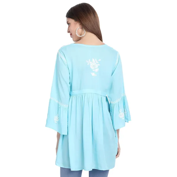 Sky_Blue_Lucknow_Chikankari_Hand_Embroidered_Fit_And_Flared_Top_Short_Kurti_Cotton