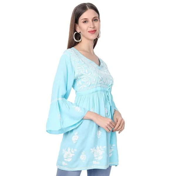 Sky_Blue_Lucknow_Chikankari_Hand_Embroidered_Fit_And_Flared_Top_Short_Kurti_Cotton