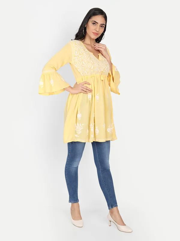 Sunshine_Yellow_Lucknow_Chikankari_Hand_Embroidered_Fit_And_Flared_Top_Short_Kurti_Cotton