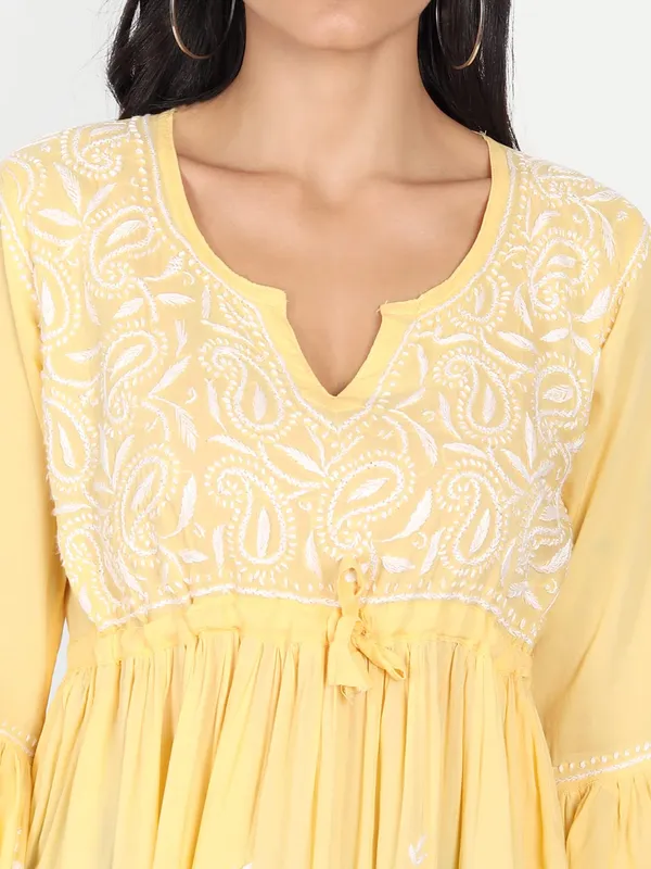 Sunshine_Yellow_Lucknow_Chikankari_Hand_Embroidered_Fit_And_Flared_Top_Short_Kurti_Cotton