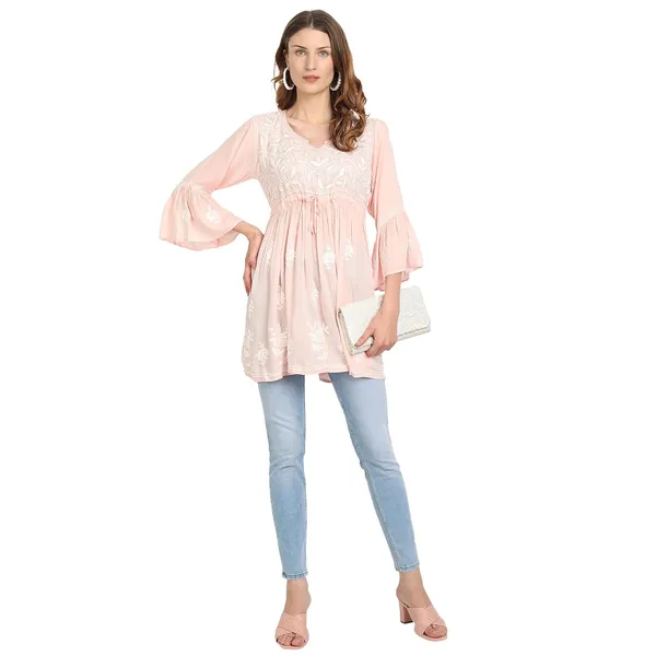Peach_Puff_Lucknow_Chikankari_Hand_Embroidered_Fit_And_Flared_Top_Short_Kurti_Cotton