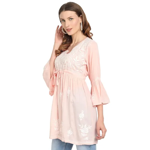 Peach_Puff_Lucknow_Chikankari_Hand_Embroidered_Fit_And_Flared_Top_Short_Kurti_Cotton