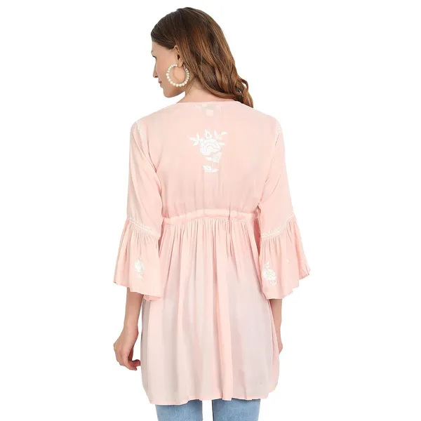 Peach_Puff_Lucknow_Chikankari_Hand_Embroidered_Fit_And_Flared_Top_Short_Kurti_Cotton