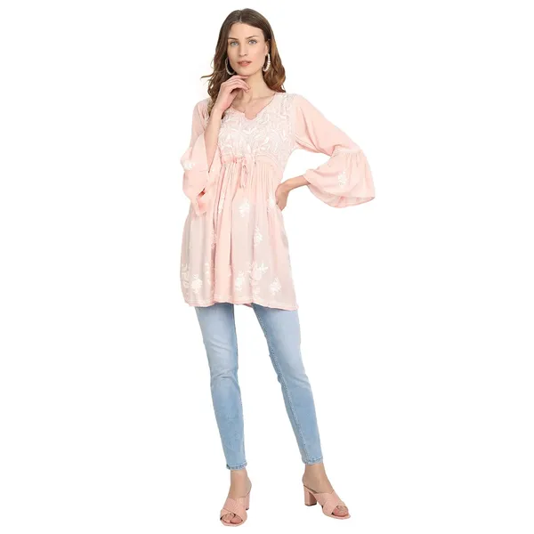 Peach_Puff_Lucknow_Chikankari_Hand_Embroidered_Fit_And_Flared_Top_Short_Kurti_Cotton
