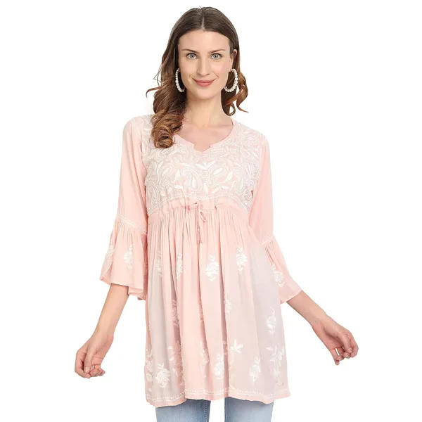 Peach_Puff_Lucknow_Chikankari_Hand_Embroidered_Fit_And_Flared_Top_Short_Kurti_Cotton