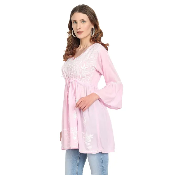 Pretty_Pink_Lucknow_Chikankari_Hand_Embroidered_Fit_And_Flared_Top_Short_Kurti_Cotton