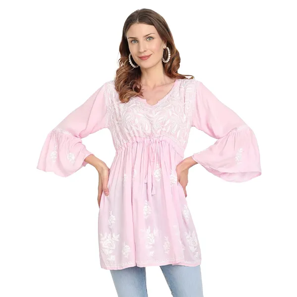 Pretty_Pink_Lucknow_Chikankari_Hand_Embroidered_Fit_And_Flared_Top_Short_Kurti_Cotton