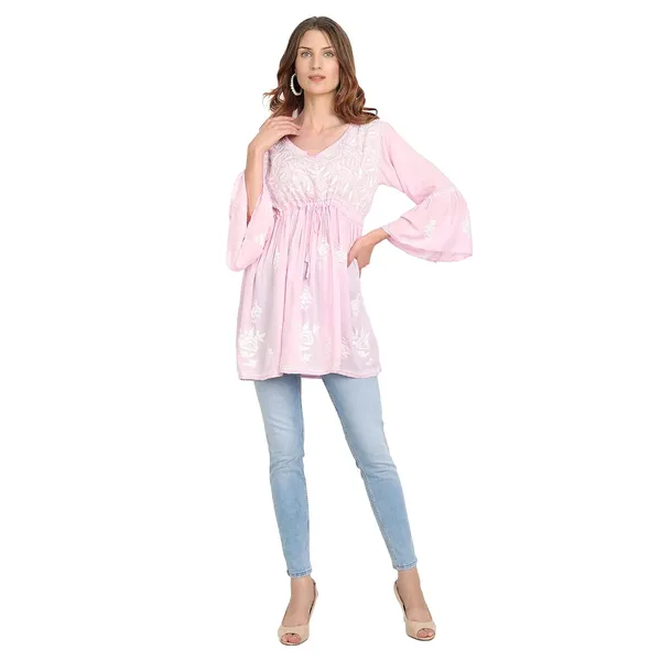 Pretty_Pink_Lucknow_Chikankari_Hand_Embroidered_Fit_And_Flared_Top_Short_Kurti_Cotton