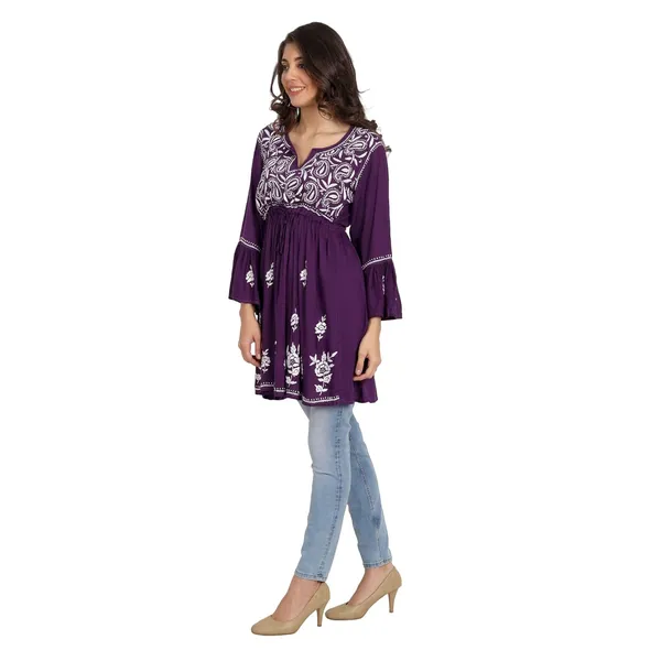 Wine_Lucknow_Chikankari_Hand_Embroidered_Fit_And_Flared_Top_Short_Kurti_Cotton