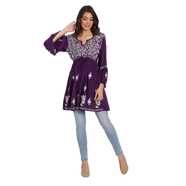 Wine_Lucknow_Chikankari_Hand_Embroidered_Fit_And_Flared_Top_Short_Kurti_Cotton