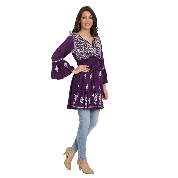 Wine_Lucknow_Chikankari_Hand_Embroidered_Fit_And_Flared_Top_Short_Kurti_Cotton