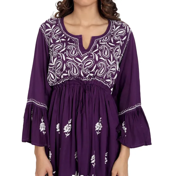 Wine_Lucknow_Chikankari_Hand_Embroidered_Fit_And_Flared_Top_Short_Kurti_Cotton