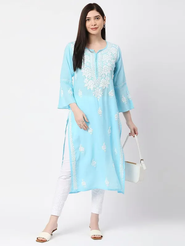 Sky_Blue_Lucknow_Chikankari_Hand_Embroidered_Long_Kurta_Cotton
