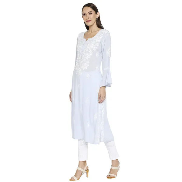 Iceblue_Lucknow_Chikankari_Cotton_Long_Kurti_Hand_Embroidered_Bell_Sleeve_Kurta_Cotton