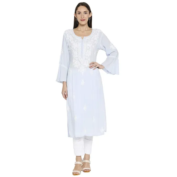 Iceblue_Lucknow_Chikankari_Cotton_Long_Kurti_Hand_Embroidered_Bell_Sleeve_Kurta_Cotton