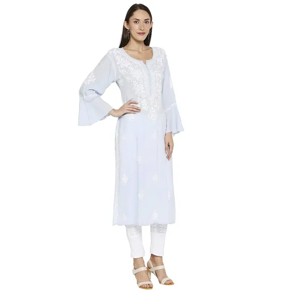 Iceblue_Lucknow_Chikankari_Cotton_Long_Kurti_Hand_Embroidered_Bell_Sleeve_Kurta_Cotton