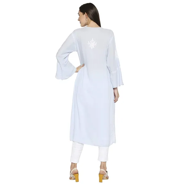 Iceblue_Lucknow_Chikankari_Cotton_Long_Kurti_Hand_Embroidered_Bell_Sleeve_Kurta_Cotton