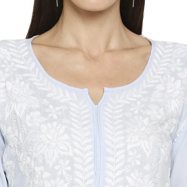 Iceblue_Lucknow_Chikankari_Cotton_Long_Kurti_Hand_Embroidered_Bell_Sleeve_Kurta_Cotton